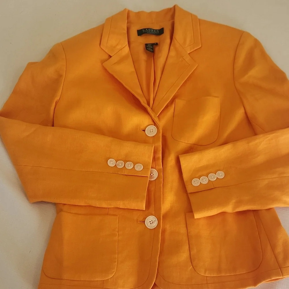 Lauren Ralph Lauren Hibicus Orange Linen Blazer. Size 6p - Picture 6 of 10